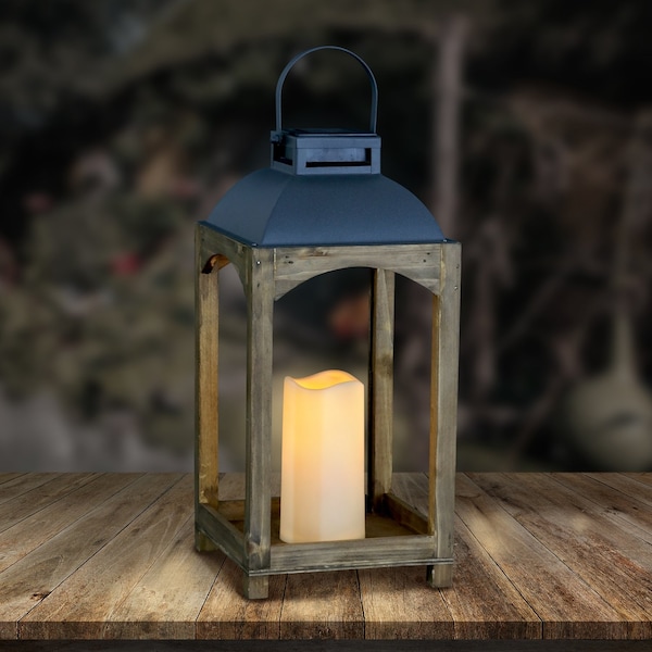 16 Metal/Wood Solar Lantern With Candle Multicolored